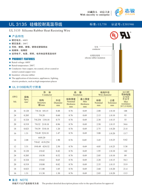 UL3135 硅橡膠耐高溫導(dǎo)線